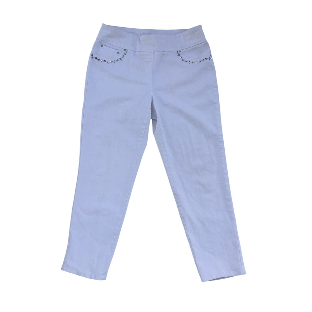 Ruby Rd Womens White Embellished Pull On Cropped Pants Size 12 Stretch Studded